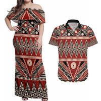 Vintage Bula Fiji Couples Matching Off Shoulder Maxi Dress and Hawaiian Shirt Red Tapa Masi Motif