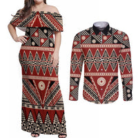 Vintage Bula Fiji Couples Matching Off Shoulder Maxi Dress and Long Sleeve Button Shirt Red Tapa Masi Motif