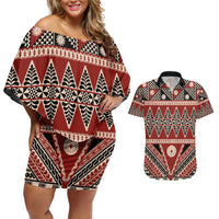 Vintage Bula Fiji Couples Matching Off Shoulder Short Dress and Hawaiian Shirt Red Tapa Masi Motif LT9 Red - Polynesian Pride