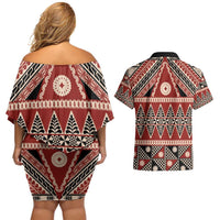 Vintage Bula Fiji Couples Matching Off Shoulder Short Dress and Hawaiian Shirt Red Tapa Masi Motif LT9 - Polynesian Pride