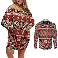 Vintage Bula Fiji Couples Matching Off Shoulder Short Dress and Long Sleeve Button Shirt Red Tapa Masi Motif