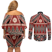 Vintage Bula Fiji Couples Matching Off Shoulder Short Dress and Long Sleeve Button Shirt Red Tapa Masi Motif