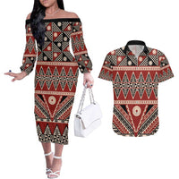 Vintage Bula Fiji Couples Matching Off The Shoulder Long Sleeve Dress and Hawaiian Shirt Red Tapa Masi Motif LT9 Red - Polynesian Pride