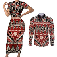 Vintage Bula Fiji Couples Matching Short Sleeve Bodycon Dress and Long Sleeve Button Shirt Red Tapa Masi Motif LT9 Red - Polynesian Pride