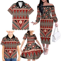 Vintage Bula Fiji Family Matching Off The Shoulder Long Sleeve Dress and Hawaiian Shirt Red Tapa Masi Motif LT9 - Polynesian Pride