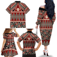 Vintage Bula Fiji Family Matching Off The Shoulder Long Sleeve Dress and Hawaiian Shirt Red Tapa Masi Motif LT9 - Polynesian Pride
