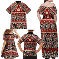 Vintage Bula Fiji Family Matching Off Shoulder Maxi Dress and Hawaiian Shirt Red Tapa Masi Motif LT9 - Polynesian Pride