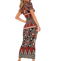 Vintage Bula Fiji Family Matching Short Sleeve Bodycon Dress and Hawaiian Shirt Red Tapa Masi Motif LT9 - Polynesian Pride