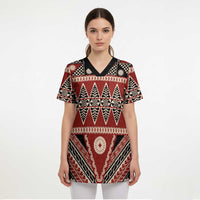 Vintage Bula Fiji Scrub Top Red Tapa Masi Motif - Polynesian Pride