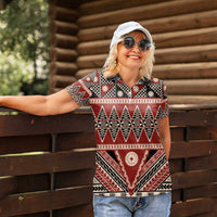 Vintage Bula Fiji Women Polo Shirt Red Tapa Masi Motif