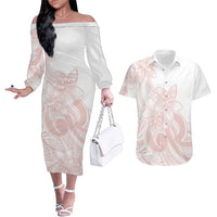 Polynesian Tribal Plumeria Lotu Tamaiti Couples Matching Off The Shoulder Long Sleeve Dress and Hawaiian Shirt Pastel Blush LT9 Blush - Polynesian Pride