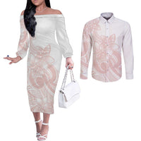 Polynesian Tribal Plumeria Lotu Tamaiti Couples Matching Off The Shoulder Long Sleeve Dress and Long Sleeve Button Shirt Pastel Blush LT9 Blush - Polynesian Pride