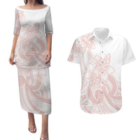 Polynesian Tribal Plumeria Lotu Tamaiti Couples Matching Puletasi and Hawaiian Shirt Pastel Blush LT9 Blush - Polynesian Pride