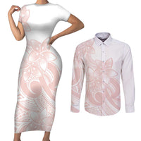 Polynesian Tribal Plumeria Lotu Tamaiti Couples Matching Short Sleeve Bodycon Dress and Long Sleeve Button Shirt Pastel Blush LT9 Blush - Polynesian Pride