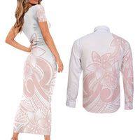 Polynesian Tribal Plumeria Lotu Tamaiti Couples Matching Short Sleeve Bodycon Dress and Long Sleeve Button Shirt Pastel Blush LT9 - Polynesian Pride