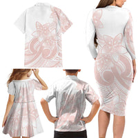 Polynesian Tribal Plumeria Lotu Tamaiti Family Matching Long Sleeve Bodycon Dress and Hawaiian Shirt Pastel Blush LT9 - Polynesian Pride