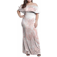 Polynesian Tribal Plumeria Lotu Tamaiti Family Matching Off Shoulder Maxi Dress and Hawaiian Shirt Pastel Blush LT9 Mom's Dress Blush - Polynesian Pride