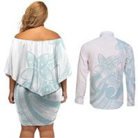 Polynesian Tribal Plumeria Lotu Tamaiti Couples Matching Off Shoulder Short Dress and Long Sleeve Button Shirt Pastel Cyan LT9 - Polynesian Pride