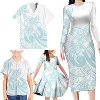 Polynesian Tribal Plumeria Lotu Tamaiti Family Matching Long Sleeve Bodycon Dress and Hawaiian Shirt Pastel Cyan LT9 - Polynesian Pride