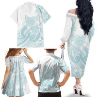 Polynesian Tribal Plumeria Lotu Tamaiti Family Matching Off The Shoulder Long Sleeve Dress and Hawaiian Shirt Pastel Cyan LT9 - Polynesian Pride