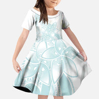 Polynesian Tribal Plumeria Lotu Tamaiti Family Matching Off Shoulder Maxi Dress and Hawaiian Shirt Pastel Cyan LT9 Daughter's Dress Cyan - Polynesian Pride