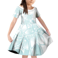 Polynesian Tribal Plumeria Lotu Tamaiti Family Matching Off Shoulder Short Dress and Hawaiian Shirt Pastel Cyan LT9 Daughter's Dress Cyan - Polynesian Pride