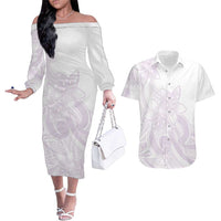 Polynesian Tribal Plumeria Lotu Tamaiti Couples Matching Off The Shoulder Long Sleeve Dress and Hawaiian Shirt Pastel Mauve LT9 Mauve - Polynesian Pride