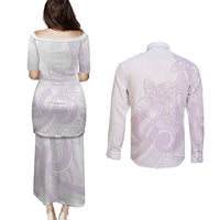 Polynesian Tribal Plumeria Lotu Tamaiti Couples Matching Puletasi and Long Sleeve Button Shirt Pastel Mauve LT9 - Polynesian Pride
