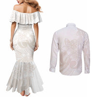 Polynesian Tribal Plumeria Lotu Tamaiti Couples Matching Mermaid Dress and Long Sleeve Button Shirt Pastel Nude LT9 - Polynesian Pride