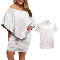 Polynesian Tribal Plumeria Lotu Tamaiti Couples Matching Off Shoulder Short Dress and Hawaiian Shirt Pastel Nude LT9 Nude - Polynesian Pride