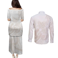 Polynesian Tribal Plumeria Lotu Tamaiti Couples Matching Puletasi and Long Sleeve Button Shirt Pastel Nude - Polynesian Pride