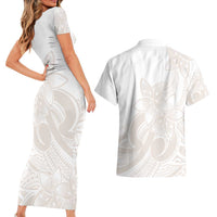 Polynesian Tribal Plumeria Lotu Tamaiti Couples Matching Short Sleeve Bodycon Dress and Hawaiian Shirt Pastel Nude LT9 - Polynesian Pride