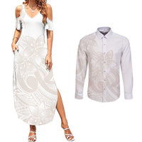 Polynesian Tribal Plumeria Lotu Tamaiti Couples Matching Summer Maxi Dress and Long Sleeve Button Shirt Pastel Nude LT9 Nude - Polynesian Pride