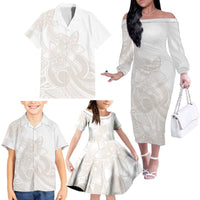 Polynesian Tribal Plumeria Lotu Tamaiti Family Matching Off The Shoulder Long Sleeve Dress and Hawaiian Shirt Pastel Nude LT9 - Polynesian Pride