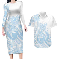 Polynesian Tribal Plumeria Lotu Tamaiti Couples Matching Long Sleeve Bodycon Dress and Hawaiian Shirt Pastel Sky Blue LT9 Blue - Polynesian Pride
