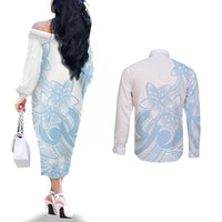 Polynesian Tribal Plumeria Lotu Tamaiti Couples Matching Off The Shoulder Long Sleeve Dress and Long Sleeve Button Shirt Pastel Sky Blue LT9 - Polynesian Pride