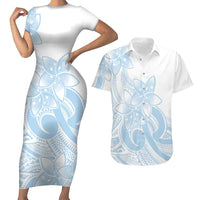 Polynesian Tribal Plumeria Lotu Tamaiti Couples Matching Short Sleeve Bodycon Dress and Hawaiian Shirt Pastel Sky Blue LT9 Blue - Polynesian Pride