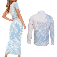 Polynesian Tribal Plumeria Lotu Tamaiti Couples Matching Short Sleeve Bodycon Dress and Long Sleeve Button Shirt Pastel Sky Blue LT9 - Polynesian Pride