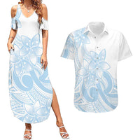 Polynesian Tribal Plumeria Lotu Tamaiti Couples Matching Summer Maxi Dress and Hawaiian Shirt Pastel Sky Blue LT9 Blue - Polynesian Pride