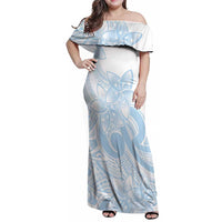 Polynesian Tribal Plumeria Lotu Tamaiti Family Matching Off Shoulder Maxi Dress and Hawaiian Shirt Pastel Sky Blue LT9 Mom's Dress Blue - Polynesian Pride