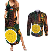 Personalised Shefa Day Couples Matching Summer Maxi Dress and Long Sleeve Button Shirt Happy June 18 Vanuatu Province