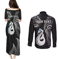 Personalised New Zealand Couples Puletasi Dress and Long Sleeve Button Shirts Aotearoa Silver Fern With Manaia Maori Unique Black LT14 - Polynesian Pride