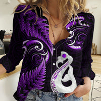 Personalised New Zealand Women Casual Shirt - Aotearoa Silver Fern With Manaia Maori Unique Purple LT14 Female Purple - Polynesian Pride