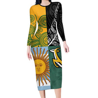 Personalised Rugby 2025 Championship Family Matching Long Sleeve Bodycon Dress and Hawaiian Shirt Combination of Southern Hemisphere Countries LT14 Mom's Dress Black - Polynesian Pride