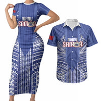 Custom Manu Samoa Rugby 2026 Couples Matching Short Sleeve Bodycon Dress and Hawaiian Shirt Samoan Pattern LT14 Blue - Polynesian Pride