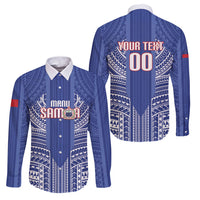 Custom Manu Samoa Rugby 2026 Family Matching Off Shoulder Short Dress and Hawaiian Shirt Samoan Pattern LT14 Dad's Shirt - Long Sleeve Blue - Polynesian Pride