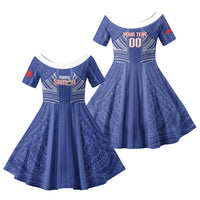 Custom Manu Samoa Rugby 2026 Family Matching Puletasi and Hawaiian Shirt Samoan Pattern LT14 Daughter's Dress Blue - Polynesian Pride