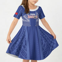 Custom Manu Samoa Rugby 2026 Kid Short Sleeve Dress Samoan Pattern LT14 KID Blue - Polynesian Pride