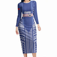 Custom Manu Samoa Rugby 2026 Long Sleeve Bodycon Dress Samoan Pattern LT14 Long Dress Blue - Polynesian Pride