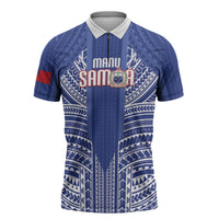 Custom Manu Samoa Rugby 2026 Zipper Polo Shirt Samoan Pattern LT14 Blue - Polynesian Pride